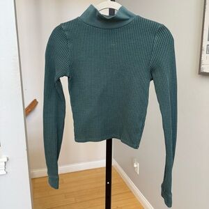 Aerie Teal Waffle Knit Cropped Turtleneck Sweater, size small